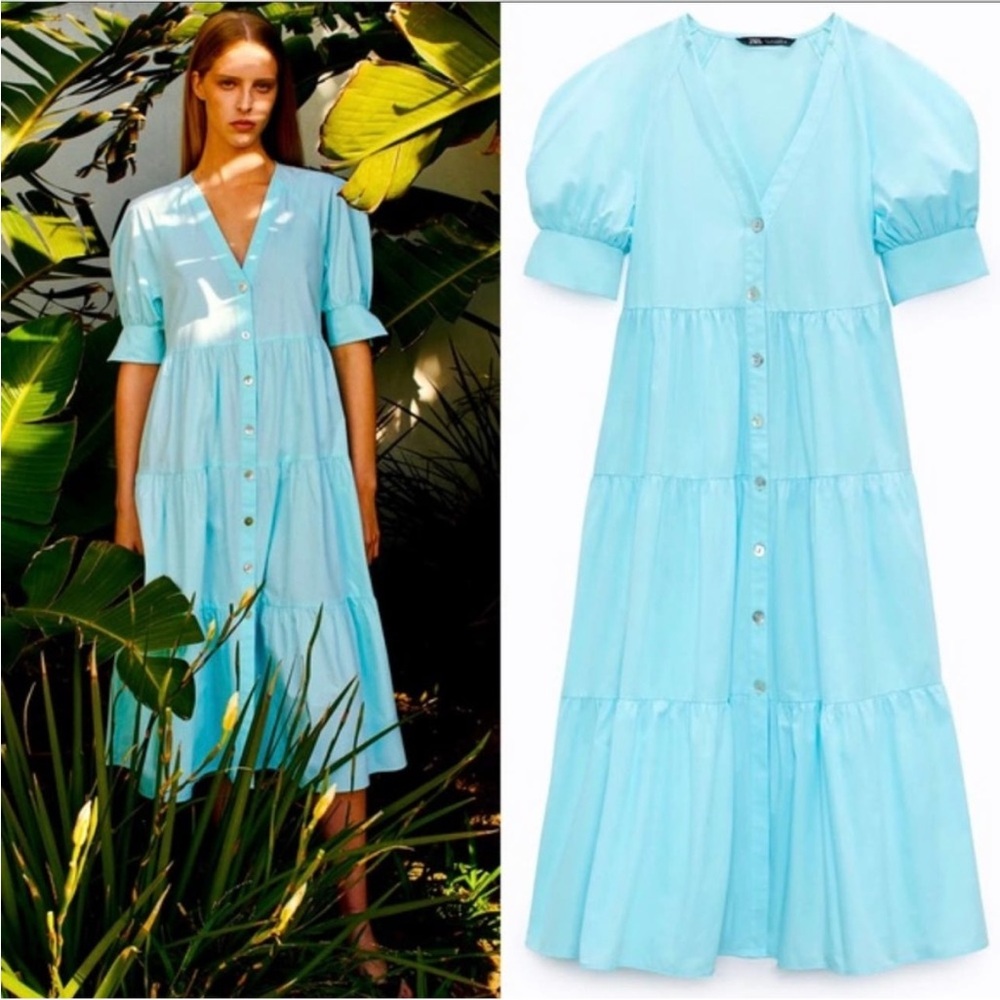 Zara Light Blue Button-Front Tiered Midi Dress